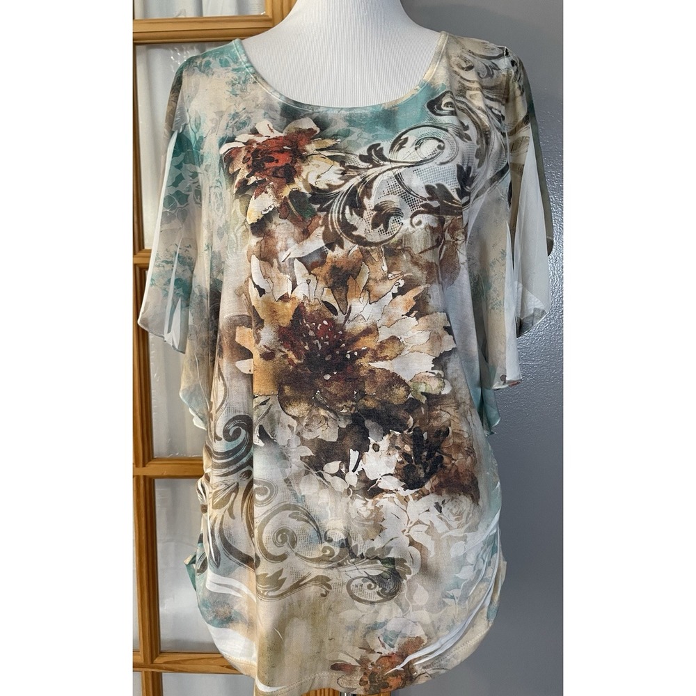 Espresso Floral Butterfly Sleeve Top XL Beige Ivory Side Ruched Boho Romantic